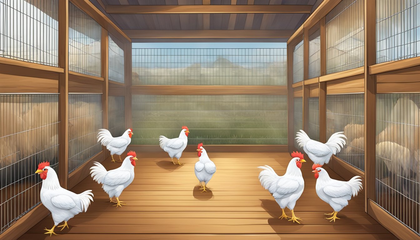 A group of chickens are separated by see-through dividers in a spacious coop, as they are being introduced to each other