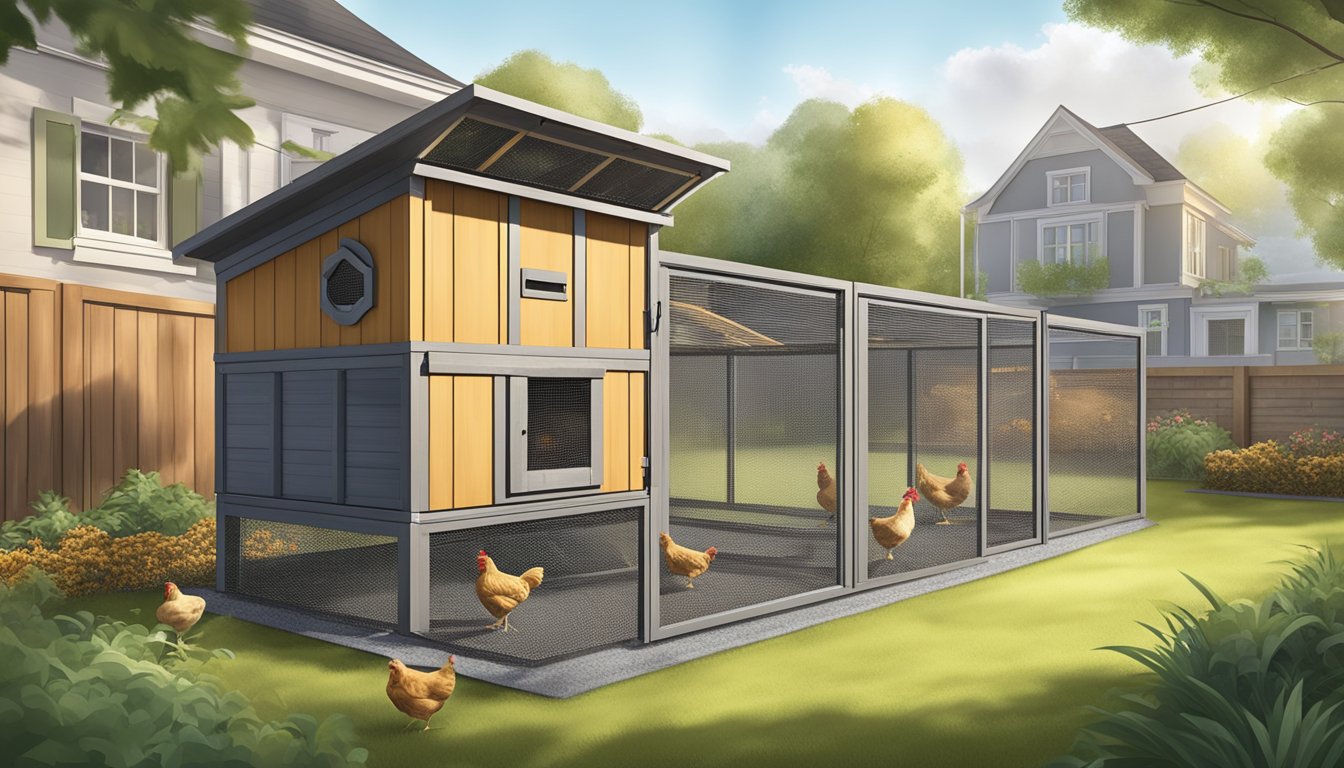 A spacious, well-ventilated chicken coop in a city setting, with noise-reducing features such as soundproofing and strategic placement of the coop