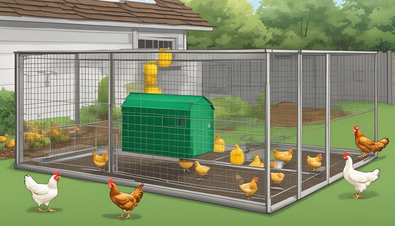 A plastic hanging poultry feeder surrounded by urban chicken coop supplies