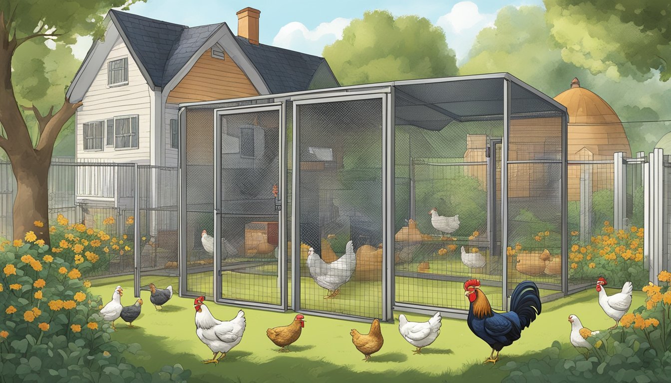 A white-noise machine placed in a city backyard with chickens quietly clucking in a coop