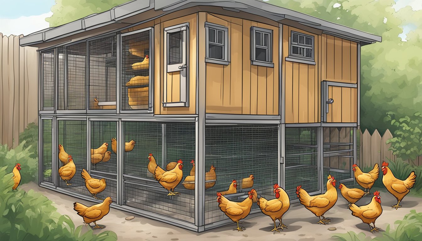 A tidy urban chicken coop with 7 hens quietly pecking at their feed and perching on clean, well-maintained roosts