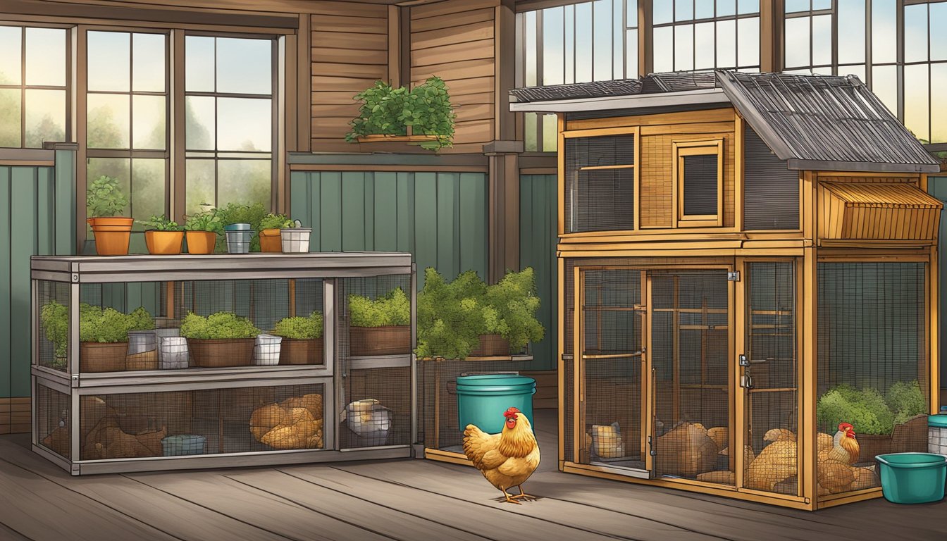 An urban chicken coop with Kaytee Chicken Treats and essential supplies