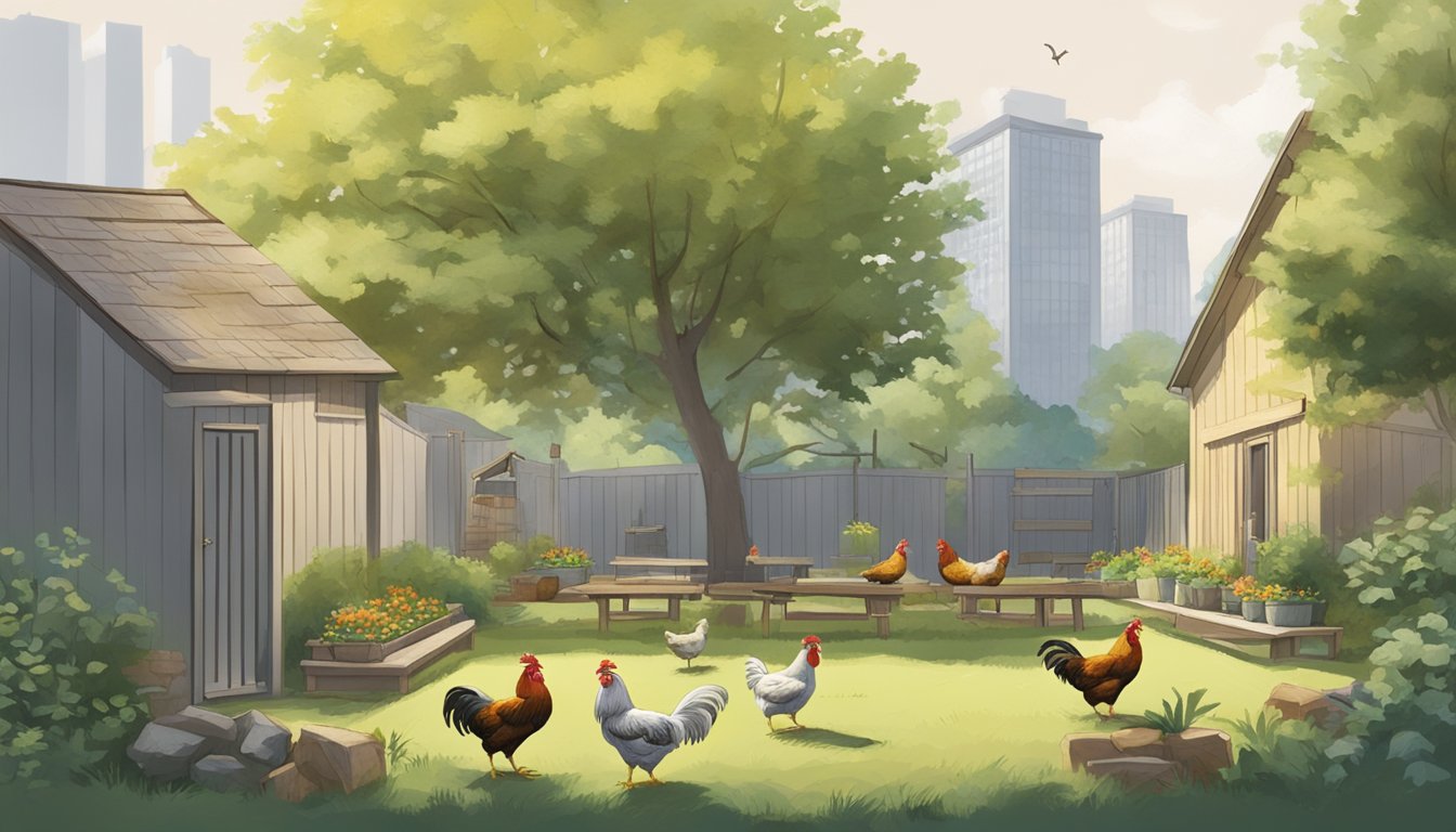 A peaceful backyard with chickens quietly pecking at feed, surrounded by tall buildings and trees