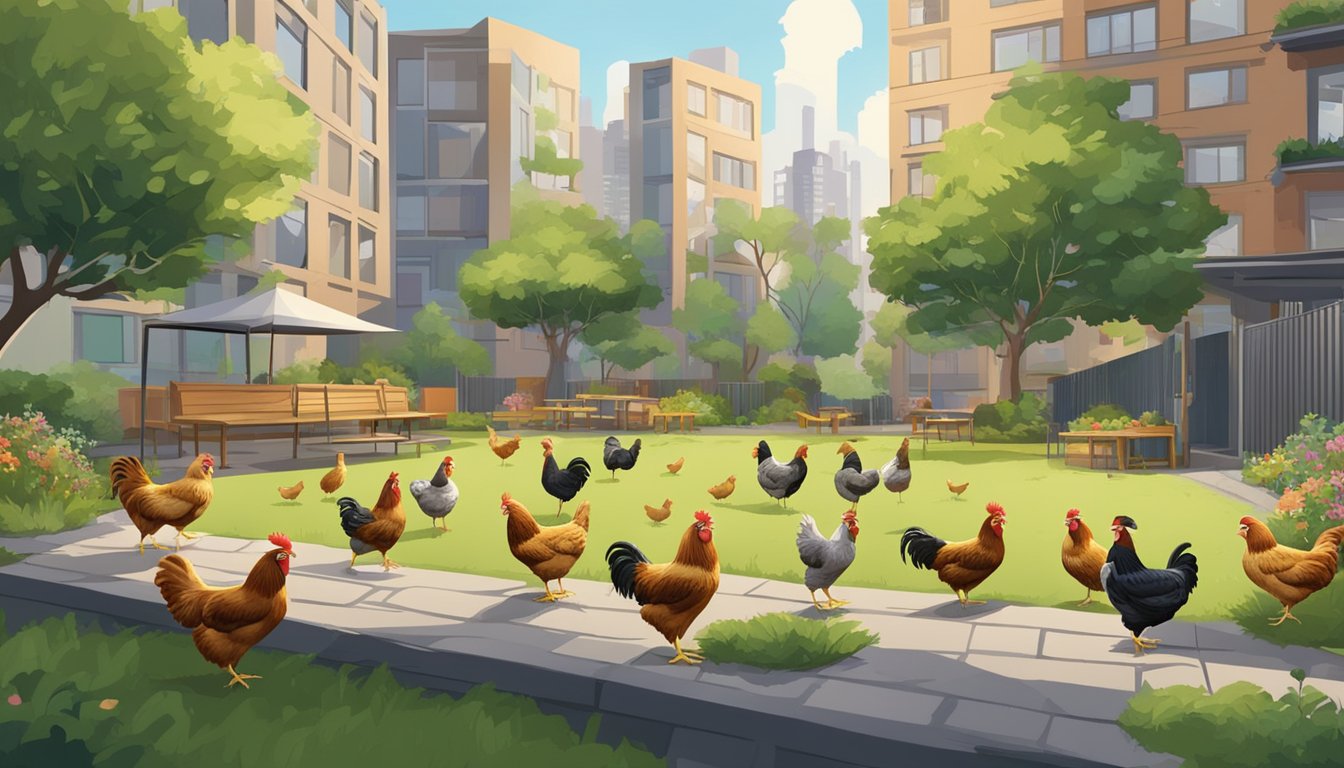 Chickens being fed at regular intervals in a quiet city backyard, surrounded by urban buildings and greenery