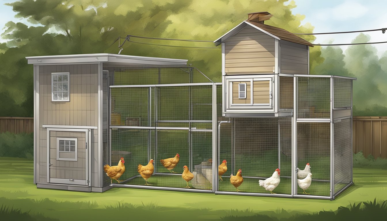 An urban chicken coop with a Poultry Safeguard Electric Fence surrounded by essential supplies such as feeders, waterers, and nesting boxes