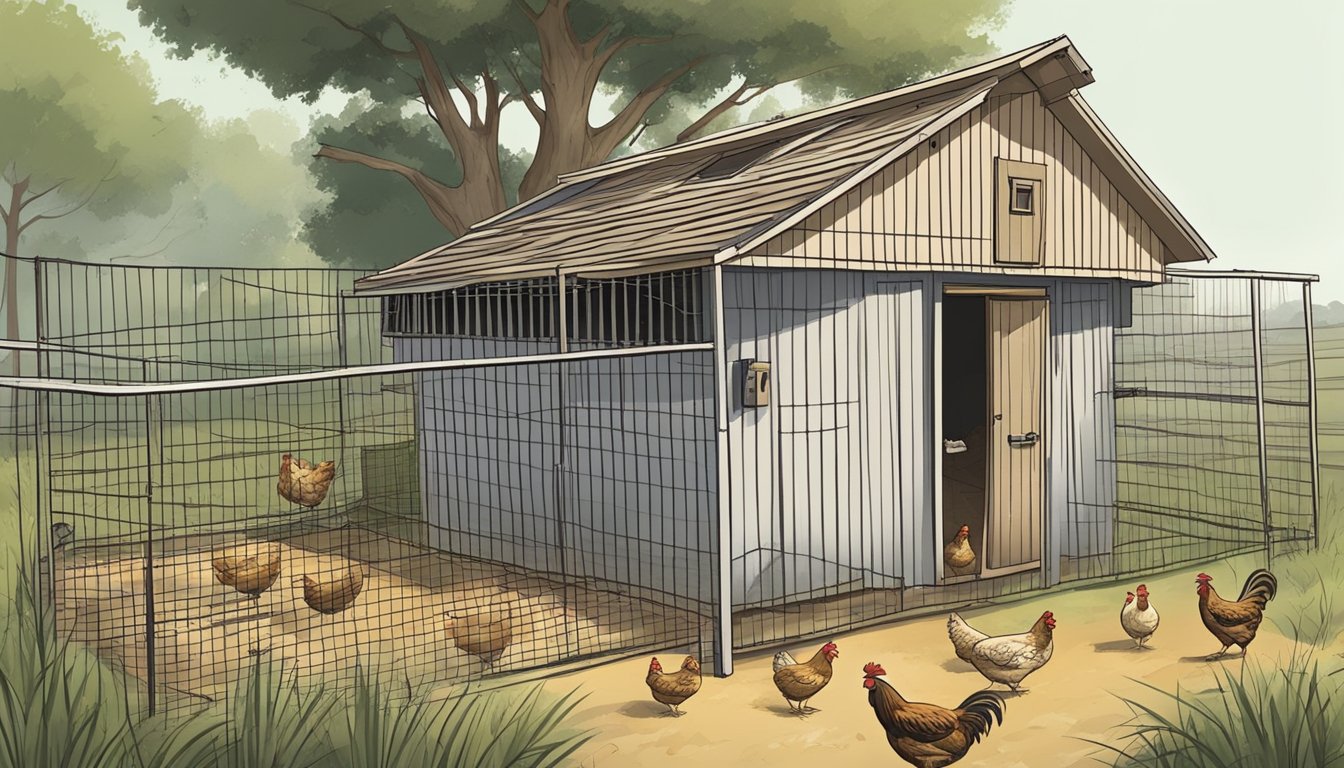 A chicken coop with broken fencing, gaps in walls, and no secure locks. A lurking predator eyes the vulnerable hens