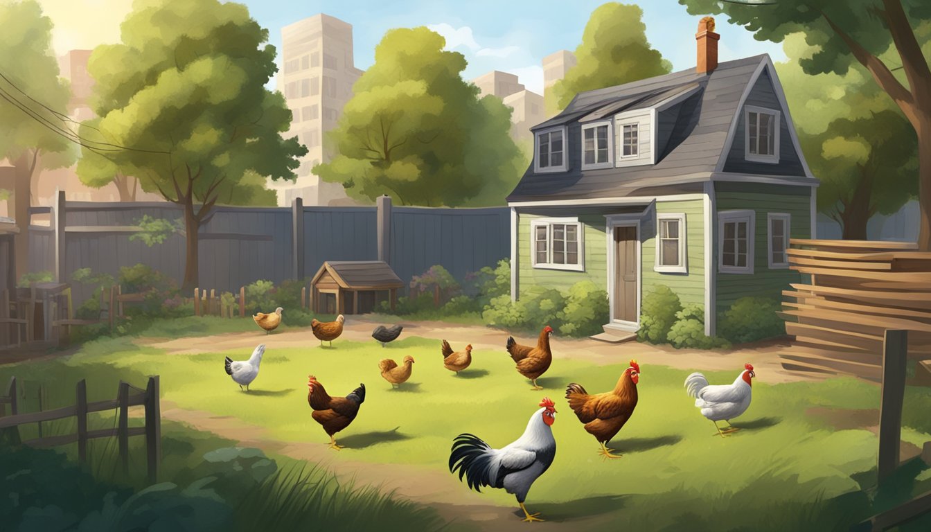 A backyard with a small coop and a flock of chickens peacefully pecking at the ground, surrounded by urban buildings and trees