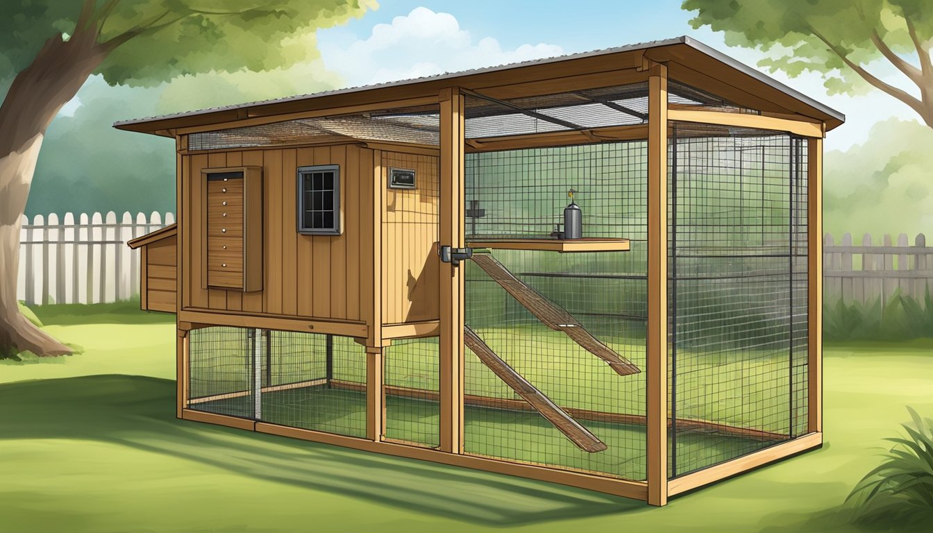 A secure chicken coop with a sturdy lock, nesting boxes, water dispenser, feeder, perches, ventilation, and predator-proof fencing