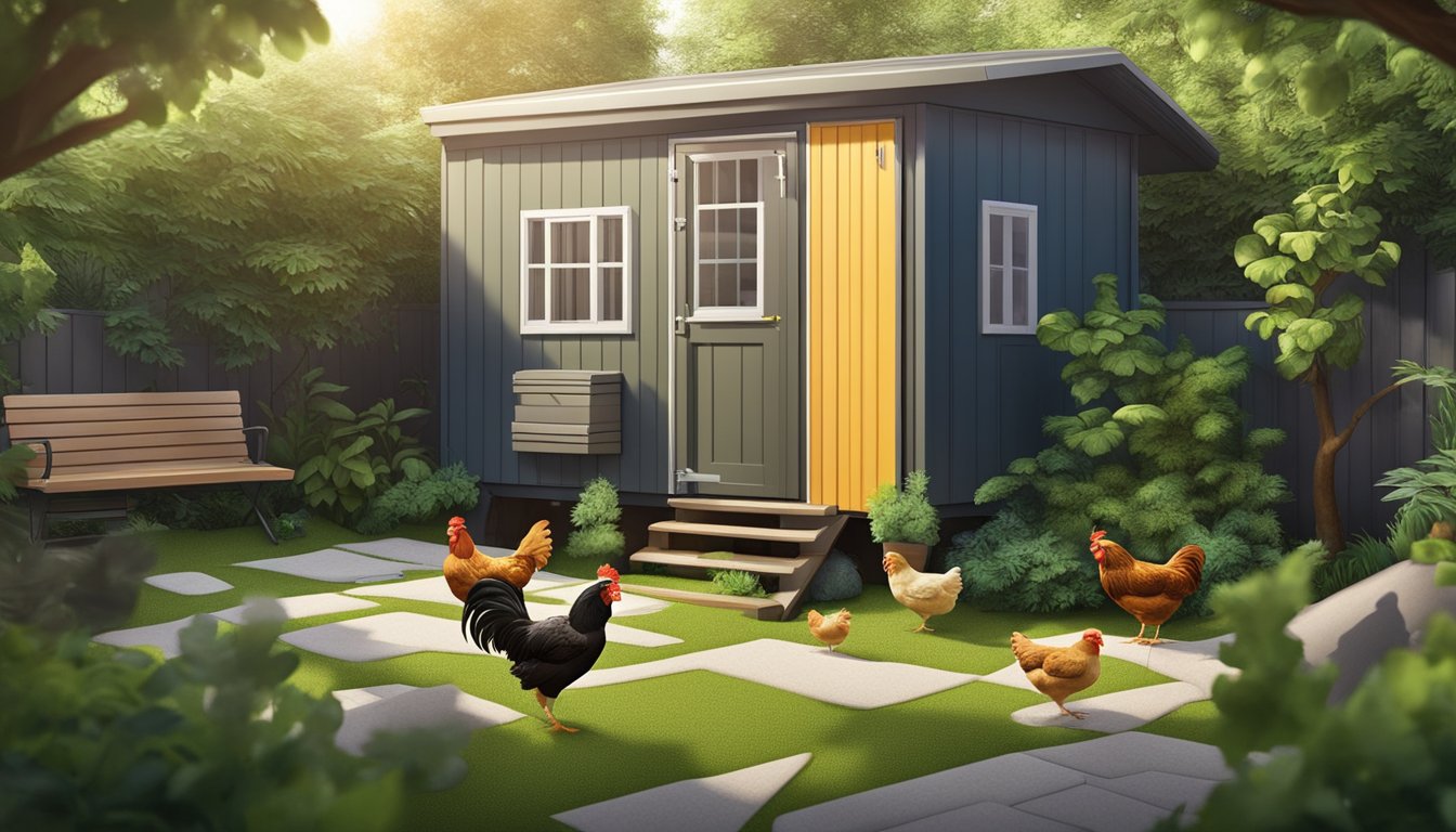 A small urban backyard with a coop and chickens, surrounded by soundproofing materials like foam panels and thick vegetation to muffle noise