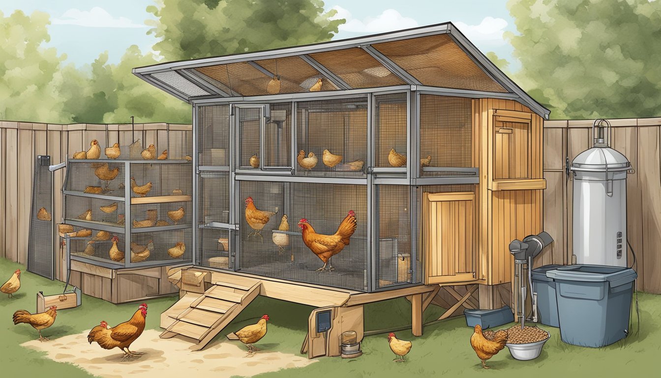 A bustling urban chicken coop with essential supplies: feed, water, nesting boxes, perches, heat lamp, feeders, and a secure coop