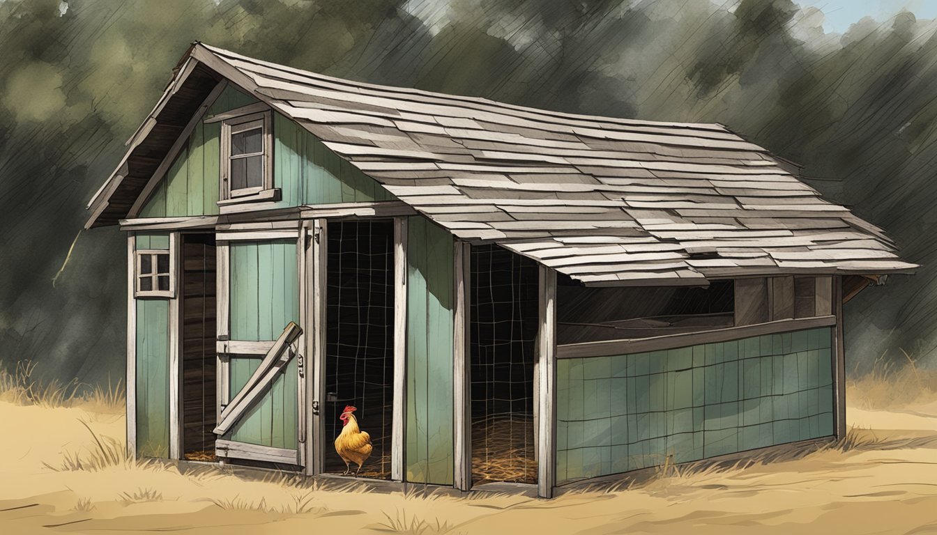 A worn-out chicken coop with rotting wood, rusty hinges, sagging wire mesh, and cracked windows. The roof shows signs of leakage, and the overall structure looks unstable