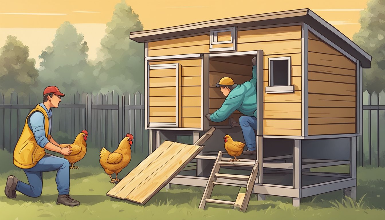 A person inspects and repairs the insulation of a small urban chicken coop, preparing it for winter