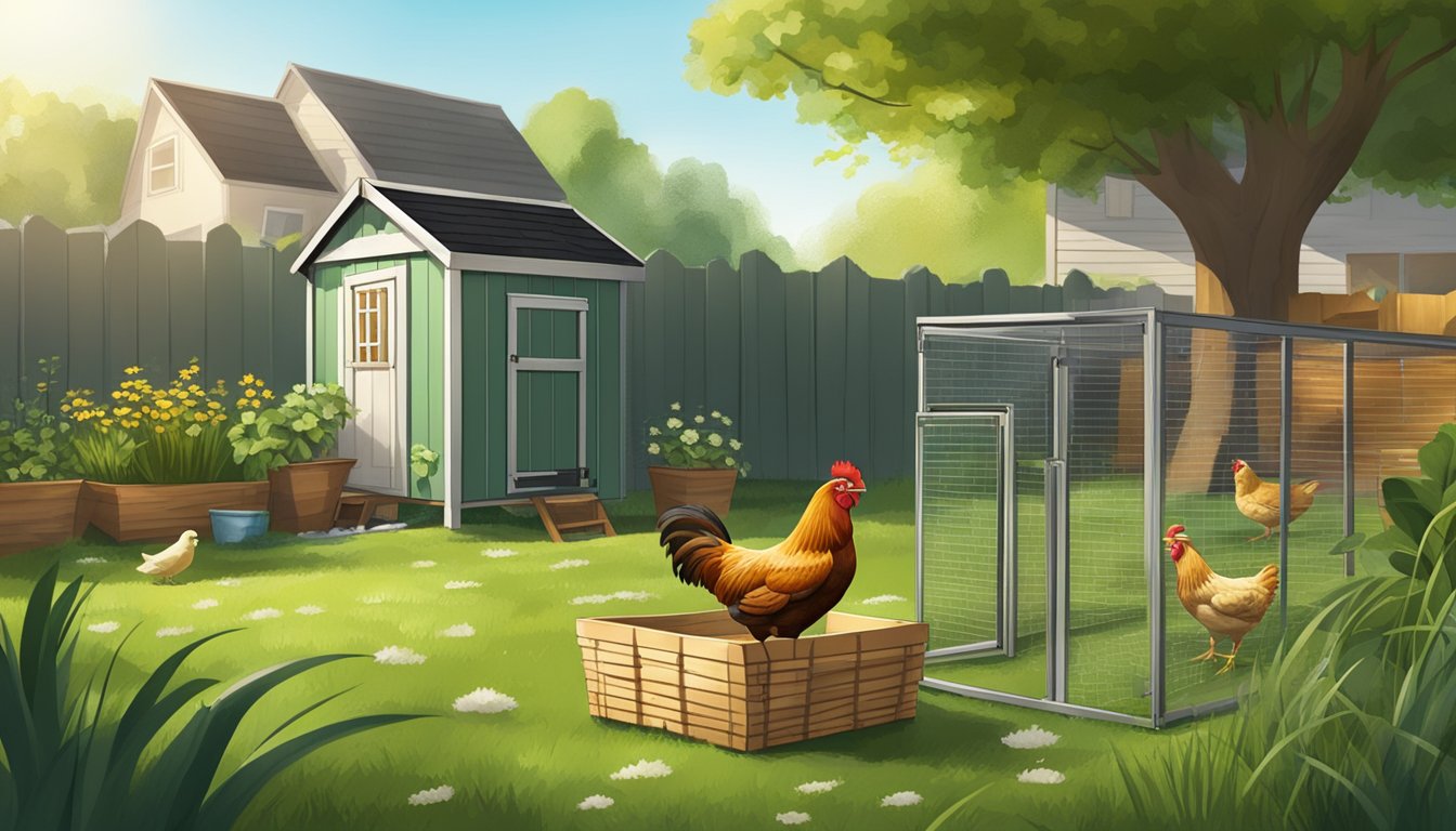 A small urban backyard with a chicken coop, green grass, and a basket of freshly laid eggs