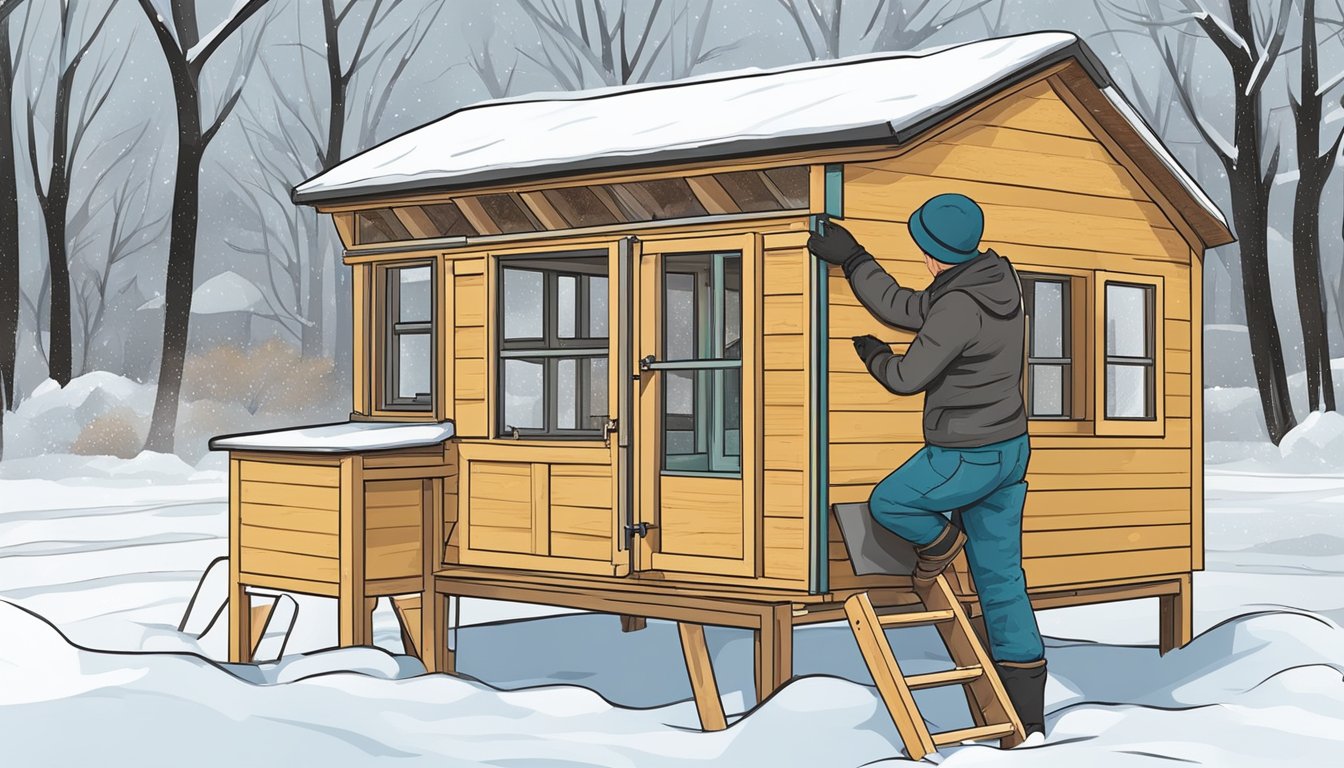 A hand applying weatherproof tape to seal drafts in a winterized urban chicken coop