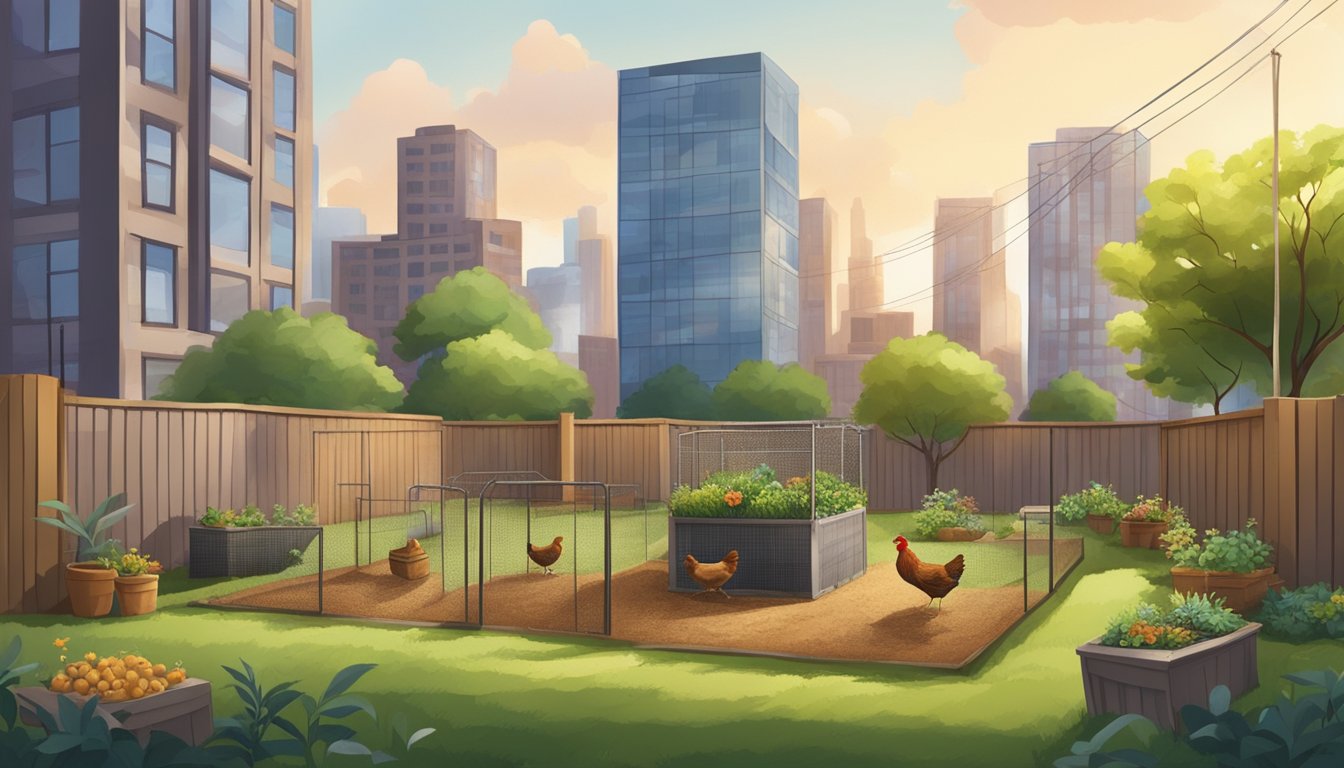 A backyard in the city with a small coop, chickens pecking at the ground, surrounded by a garden and high-rise buildings in the background