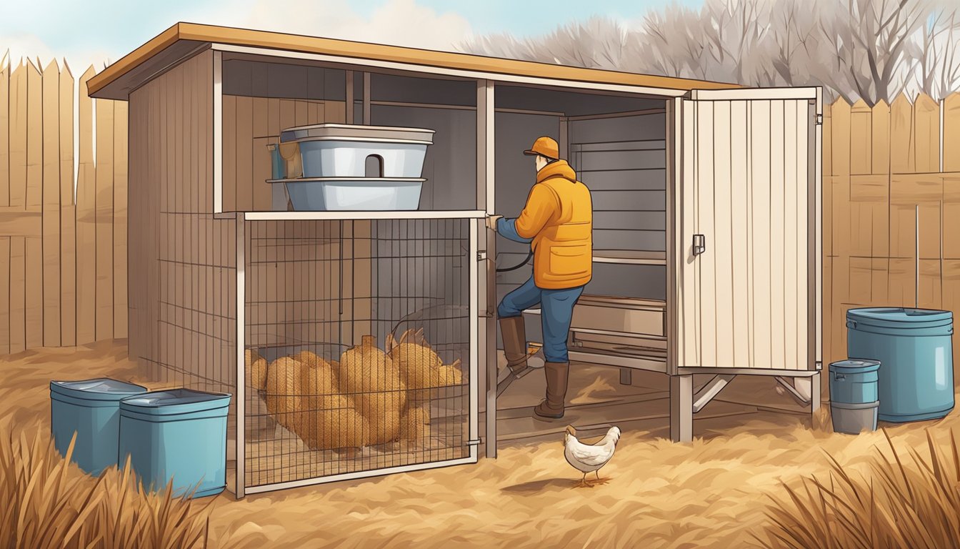 A person installs a heated waterer in a cozy urban chicken coop, surrounded by straw and winterized equipment