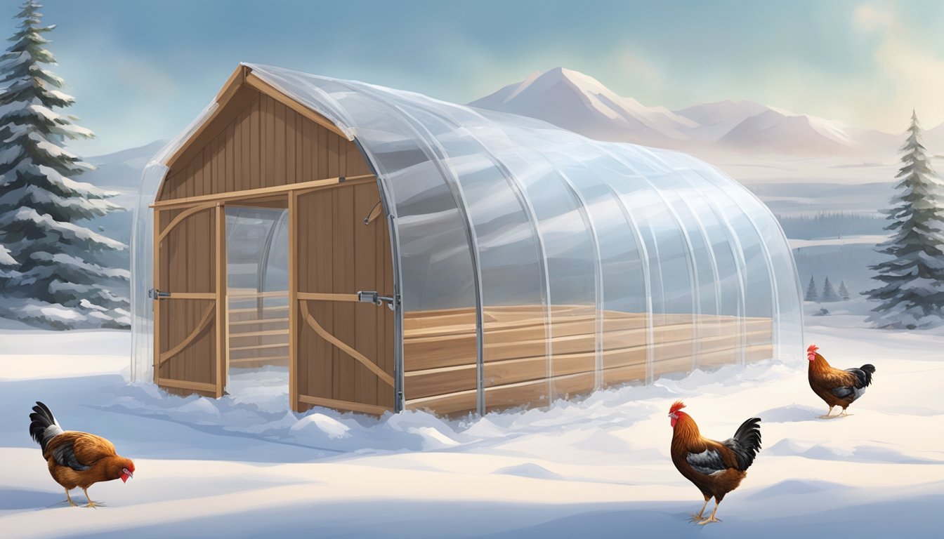 A wooden coop with a clear plastic wind barrier wrapped around it, secured with zip ties. Snow covers the ground and a few chickens peck at the frozen grass