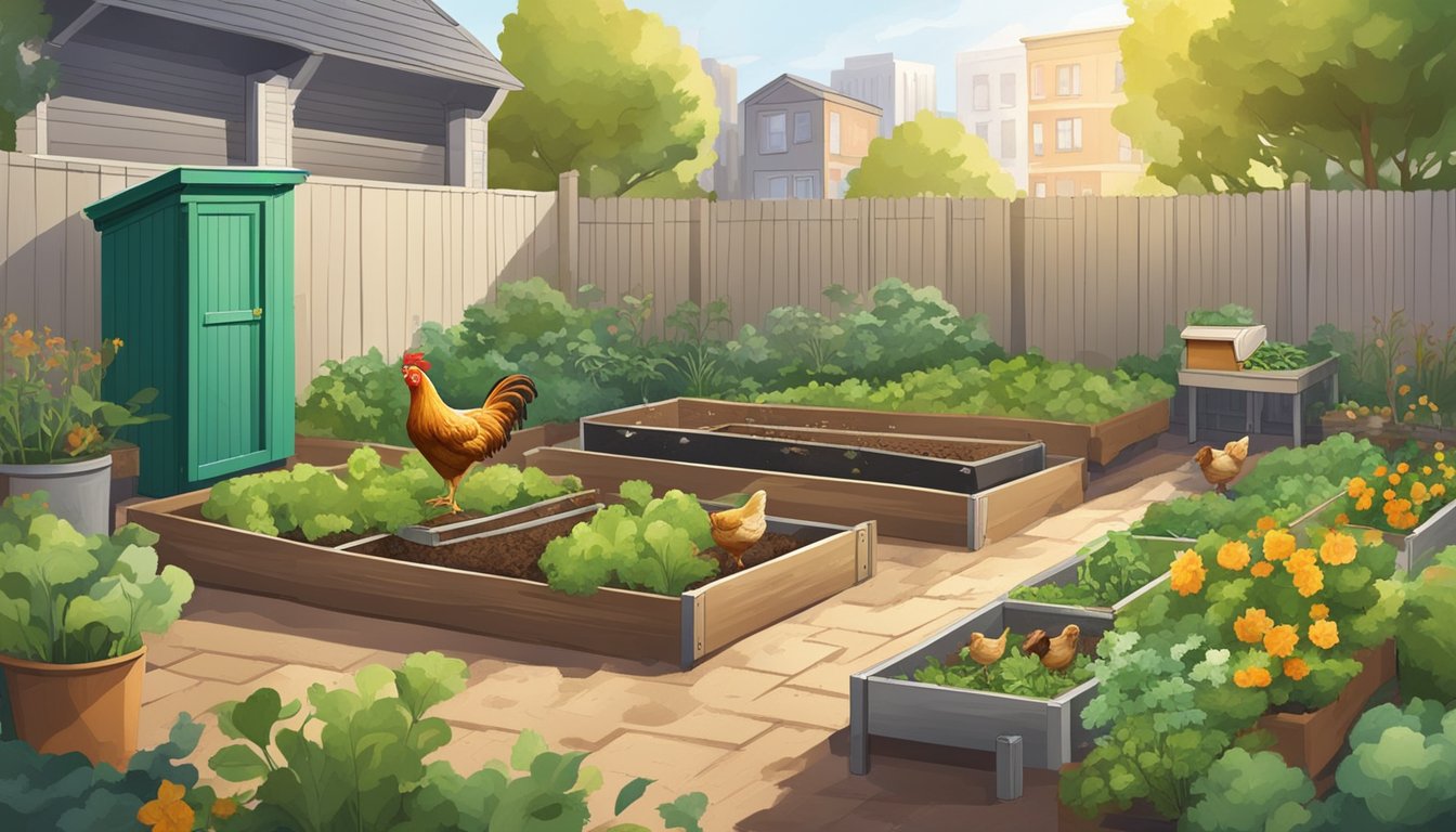 A backyard garden with a small chicken coop, surrounded by urban buildings. A compost bin and vegetable scraps are visible, showcasing the reduction of food waste through chicken-raising