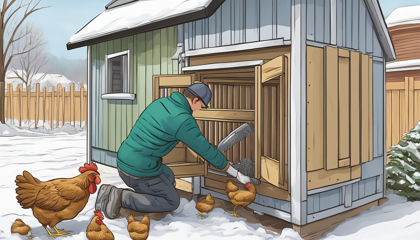 A person using a brush to clean the ventilation openings of a winterized urban chicken coop