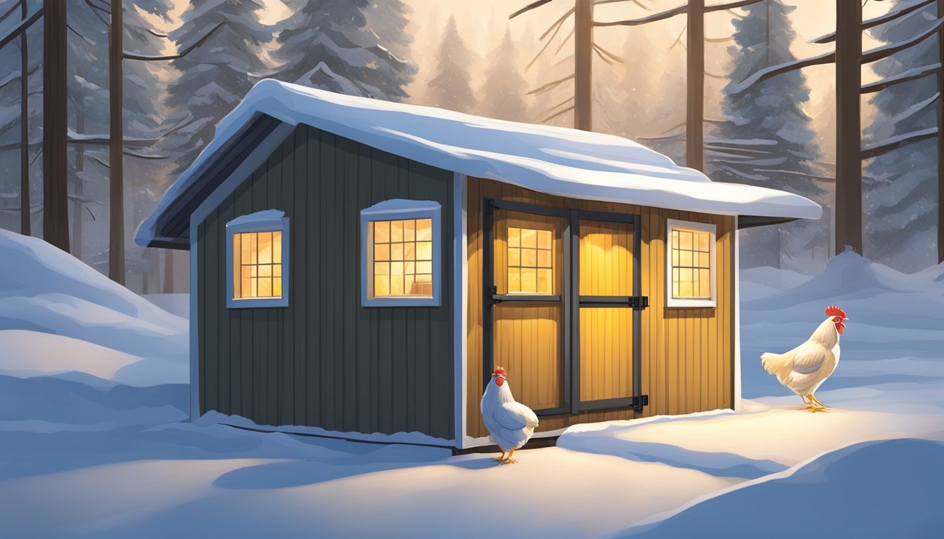 A chicken coop with a heat lamp, insulated walls, sealed windows, and a secure door. Snow covers the ground outside