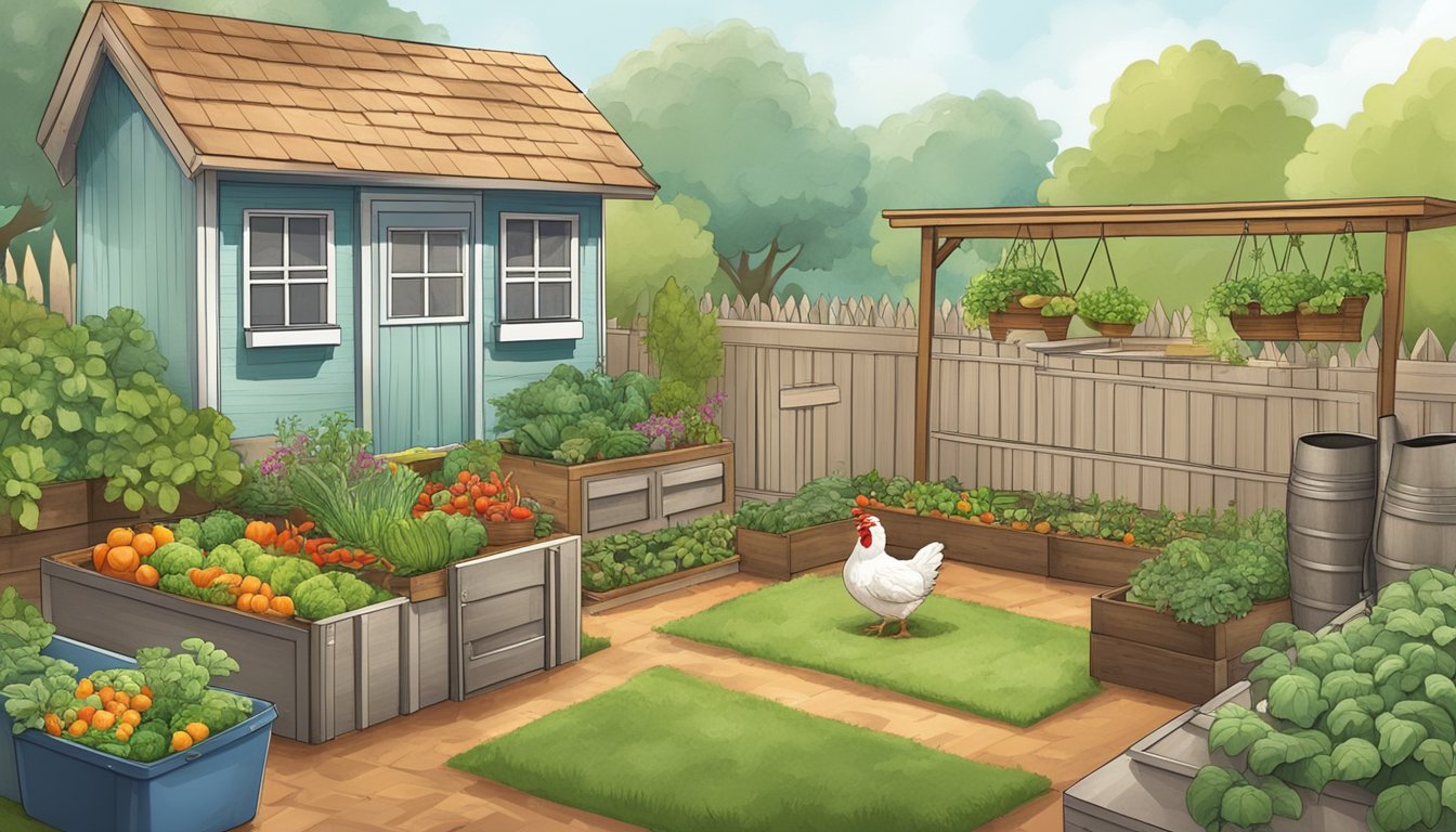 A backyard garden with a small chicken coop nestled among raised beds of vegetables. A compost bin nearby and a rain barrel collecting water from the roof