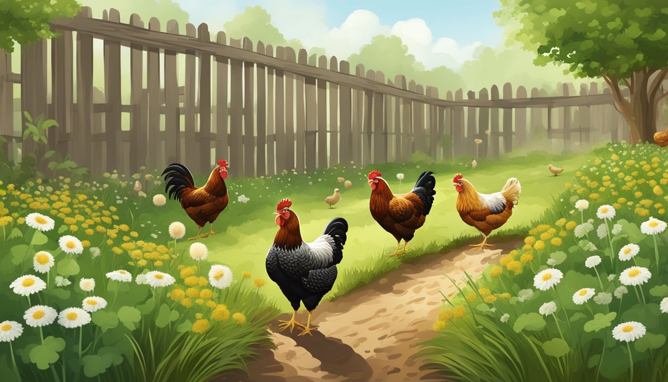 A chicken run with dandelions, clover, and other plants growing among the dirt and straw, with healthy hens pecking at the greenery