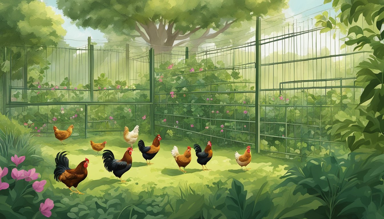 Lush green plants growing within a chicken run, with chickens pecking at the leaves