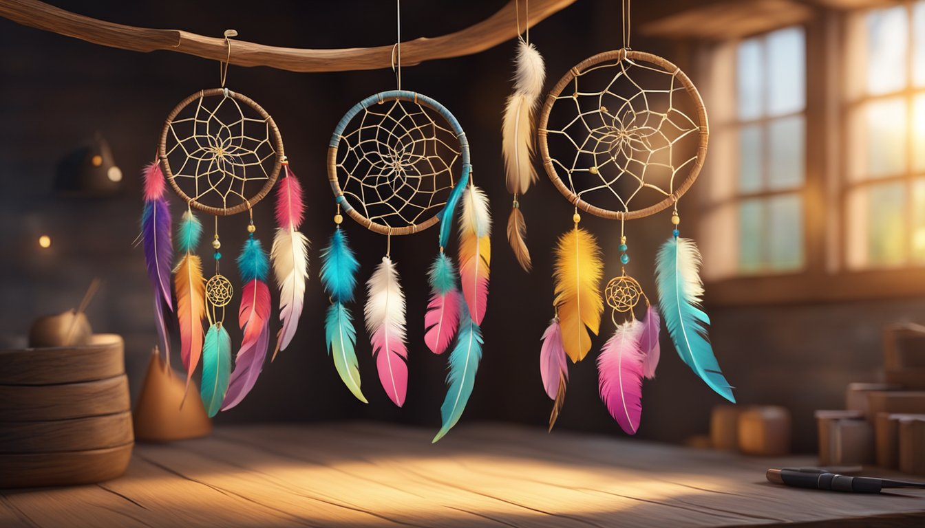 Vibrant dreamcatchers adorned with colorful chicken feathers hang from a rustic wooden beam, catching the sunlight in a cozy craft room