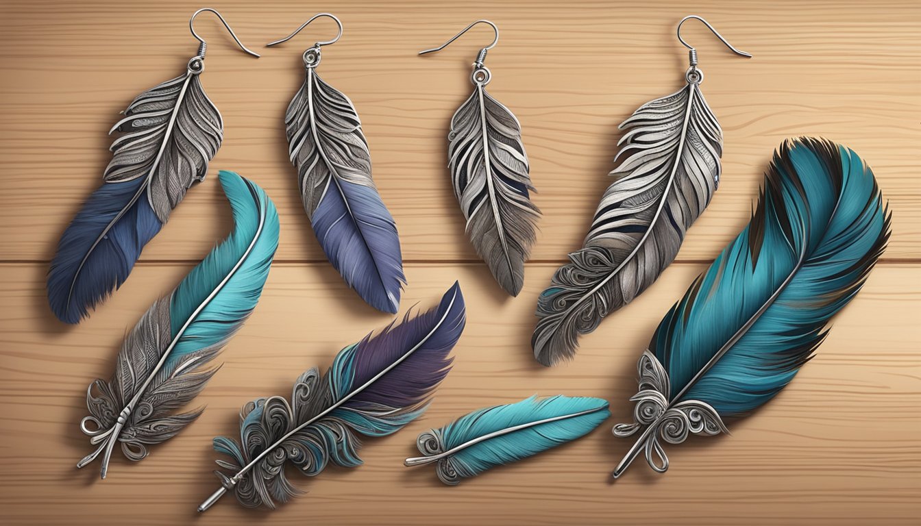 Five pairs of feather earrings arranged on a wooden table, each pair featuring intricate designs using chicken feathers