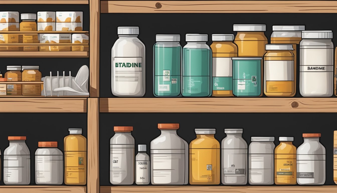 A chicken coop with essential first aid supplies including Betadine Solution, bandages, and other medical supplies neatly organized on a shelf