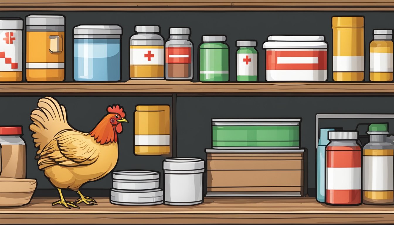 A chicken coop with a variety of first aid supplies, including Vetrap Bandaging Tape, arranged neatly on a shelf