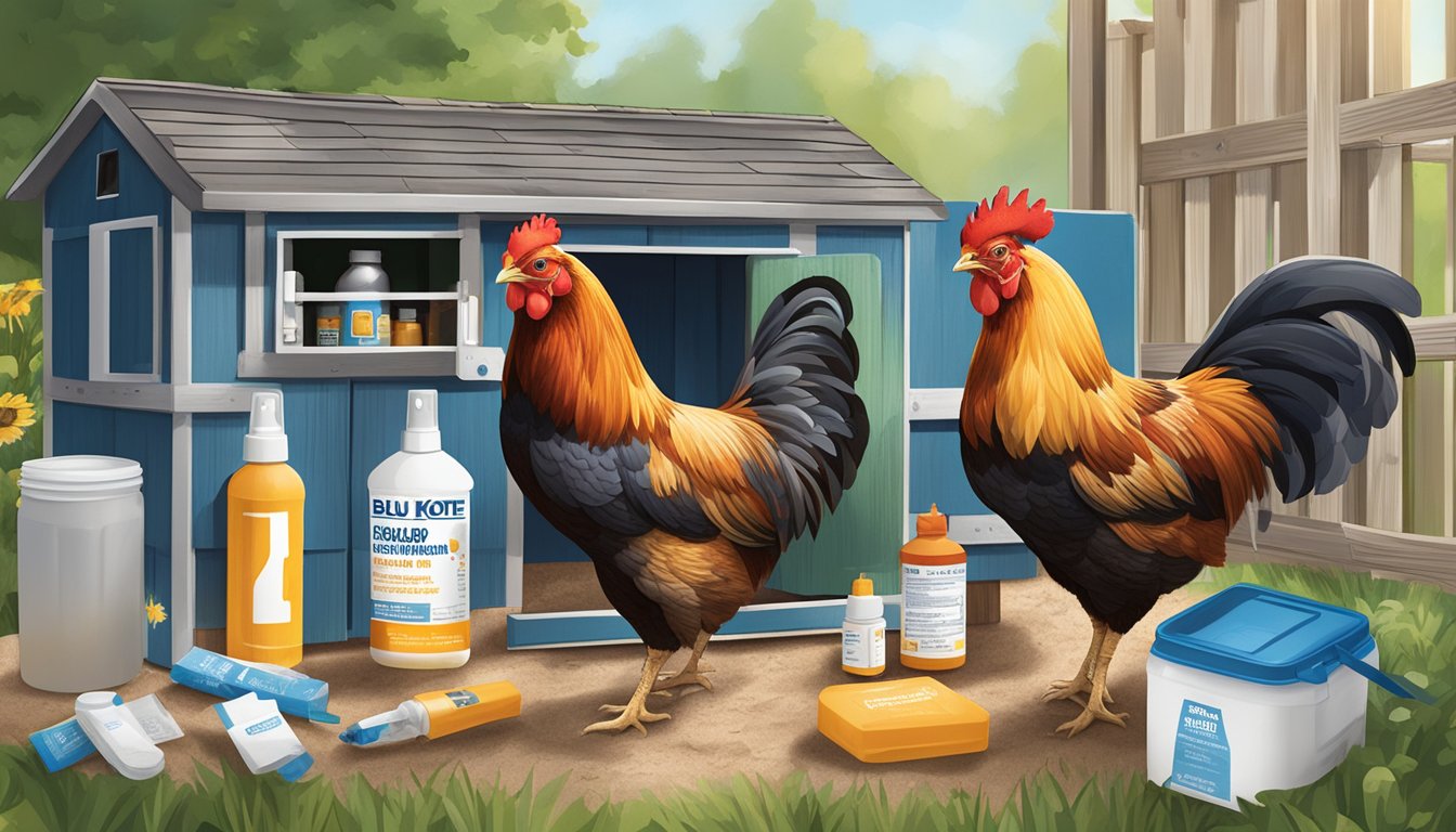 A chicken coop with a bottle of Blu-Kote wound care spray surrounded by essential first aid supplies for chickens