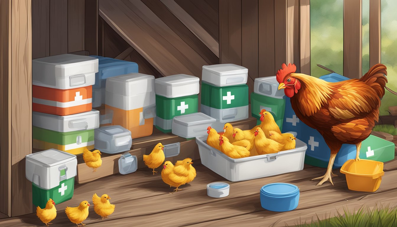 A colorful array of chicken first aid supplies arranged neatly in a cozy coop setting