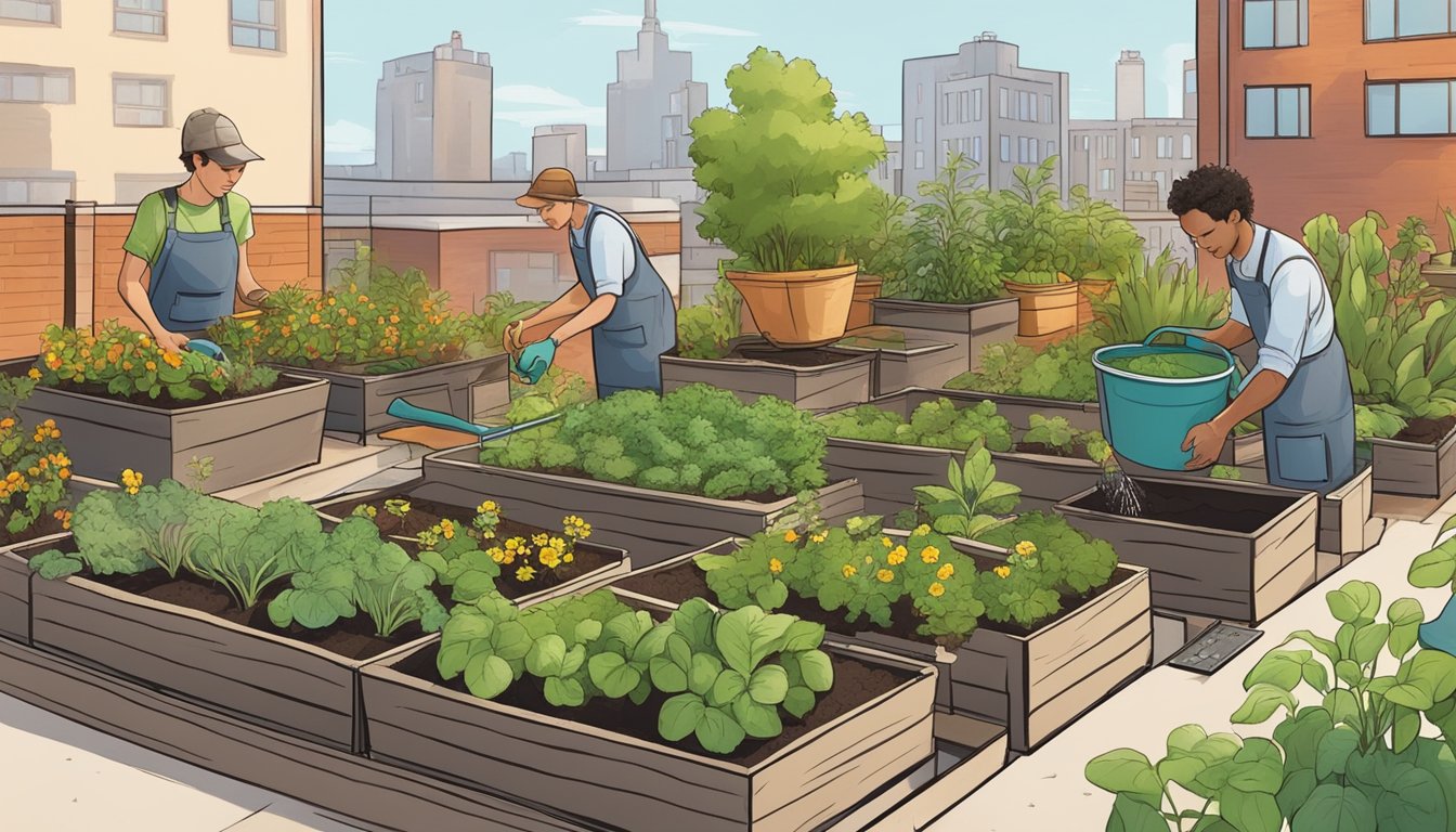 A city rooftop garden with raised beds and potted plants, a compost bin, and a person using a watering can to apply liquid fertilizer made from chicken manure