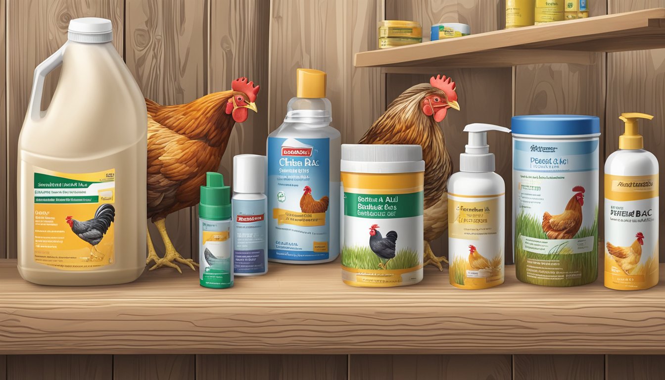 A chicken coop with 7 essential first aid supplies, including Bene-Bac Plus Probiotic Gel, arranged neatly on a shelf