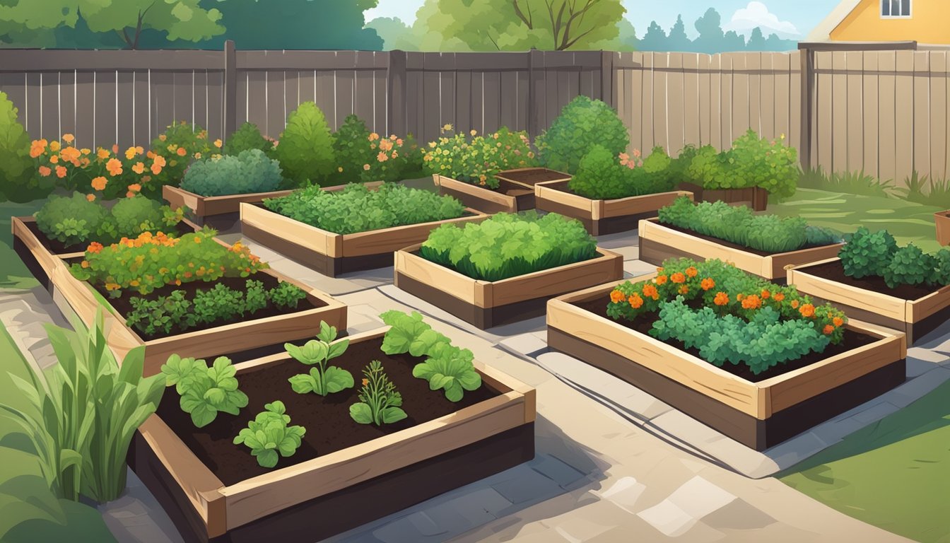 A small urban farm with raised beds and potted plants, surrounded by a fence. Chicken manure is being used as mulch and fertilizer in various areas of the farm