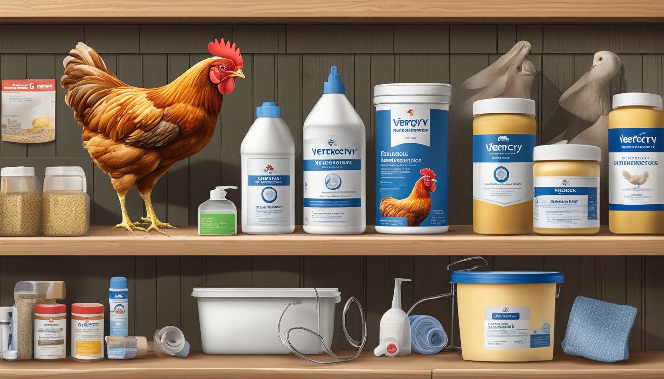 A chicken coop with essential first aid supplies, including Vetericyn Plus Antimicrobial Poultry Care, displayed on a shelf