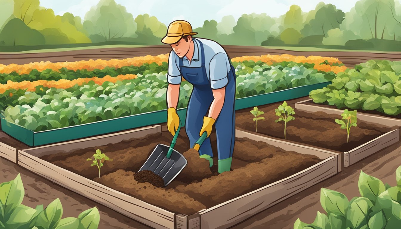 A farmer spreading chicken manure in raised beds with a shovel. Nearby, plants thrive in the nutrient-rich soil