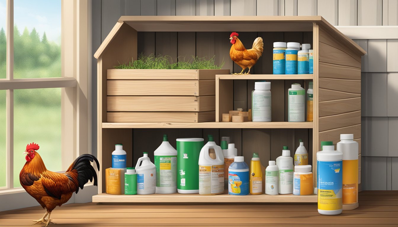 A chicken coop with Rooster Booster Liquid B-12 and essential first aid supplies displayed on a shelf