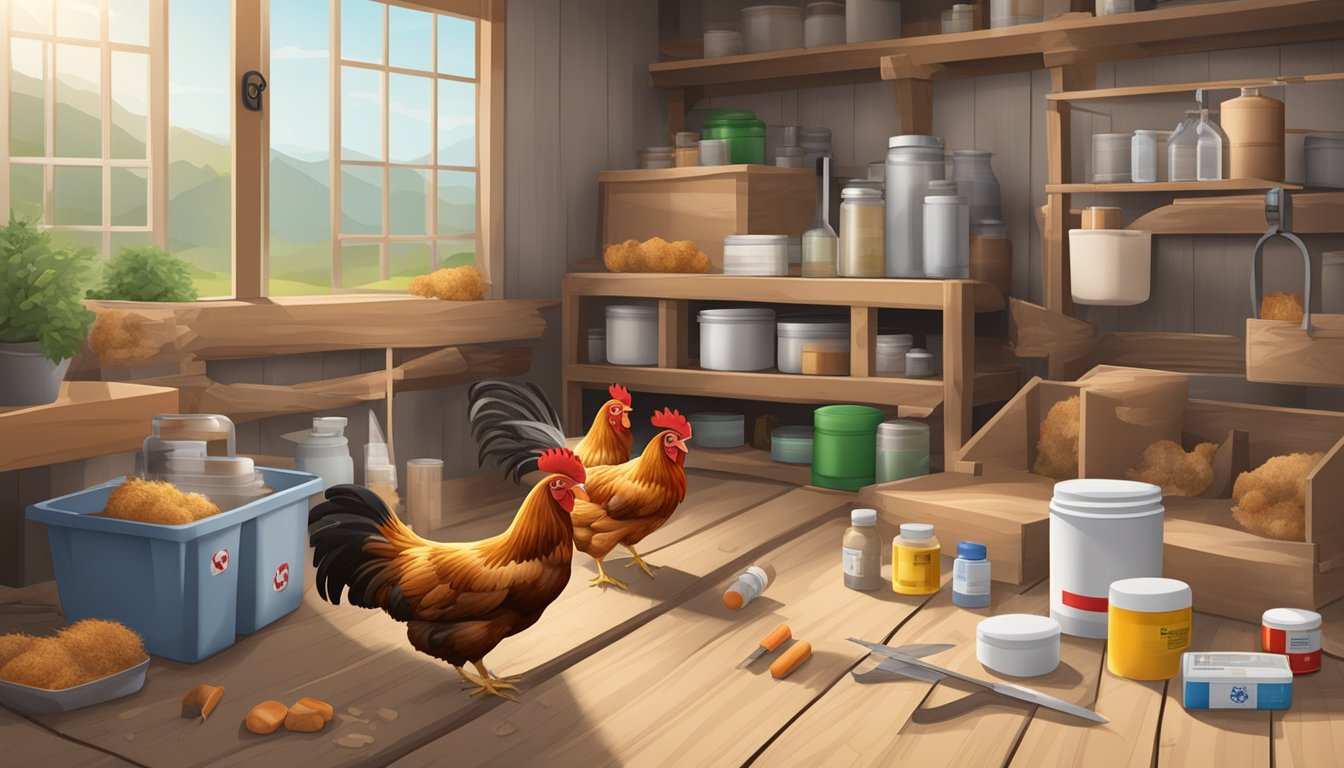 A chicken coop with essential first aid supplies laid out neatly on a clean, organized surface