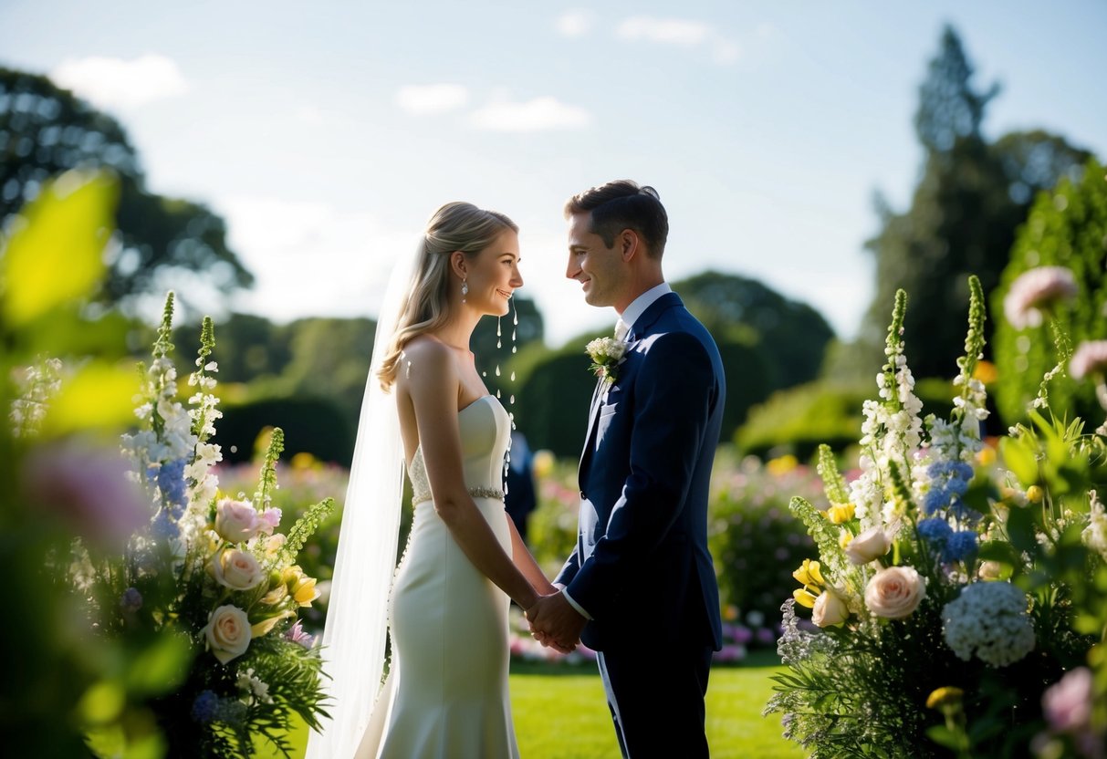 Tears fall on a sunlit garden wedding, as two figures stand facing each other, surrounded by flowers and a gentle breeze
