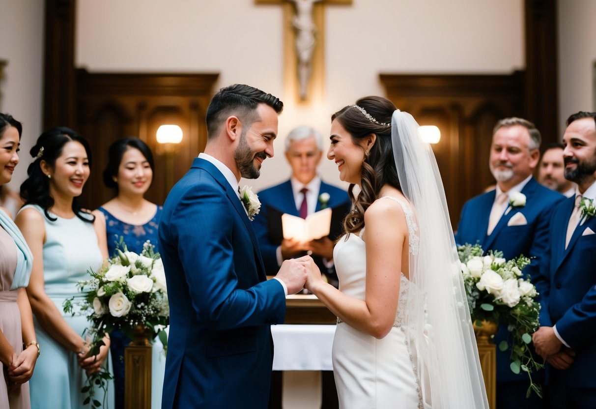 A couple standing at the altar, exchanging heartfelt vows as tears well up in their eyes, surrounded by family and friends