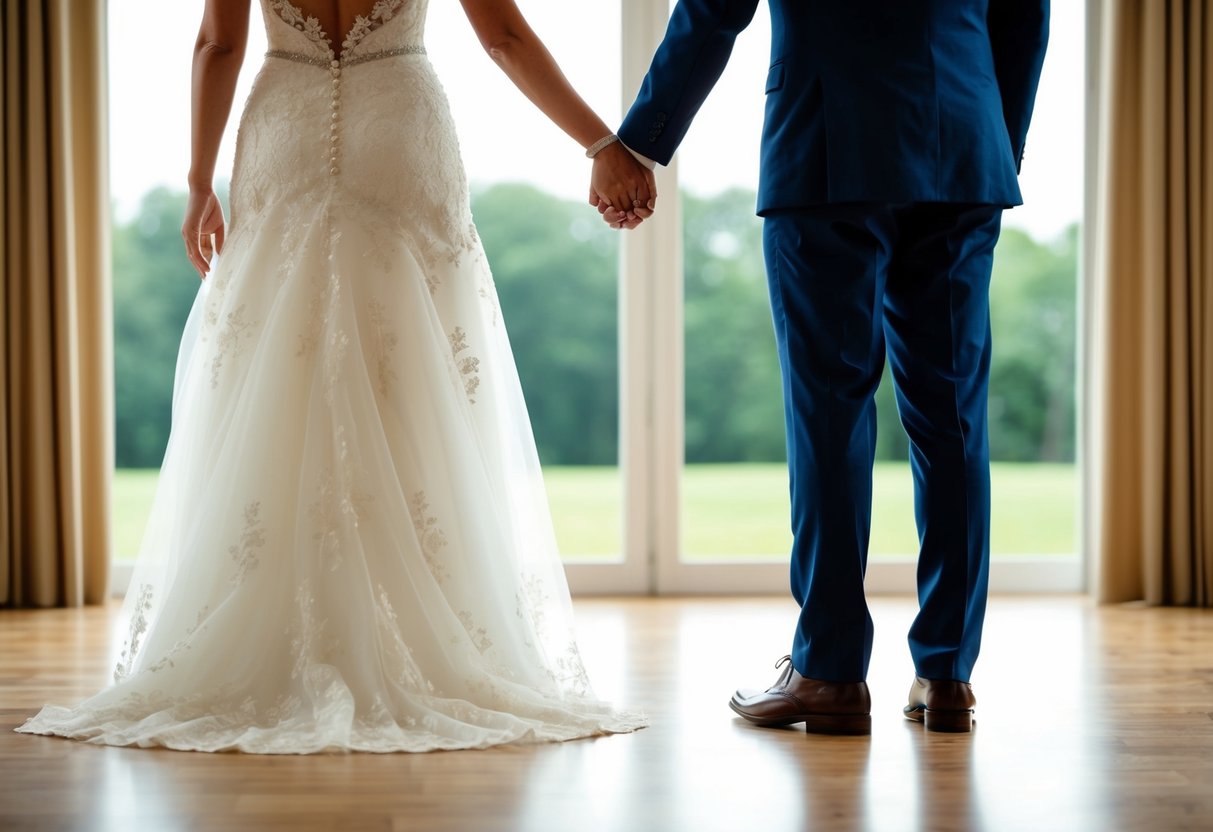 The bride and groom stand facing each other, ready to take their first steps together