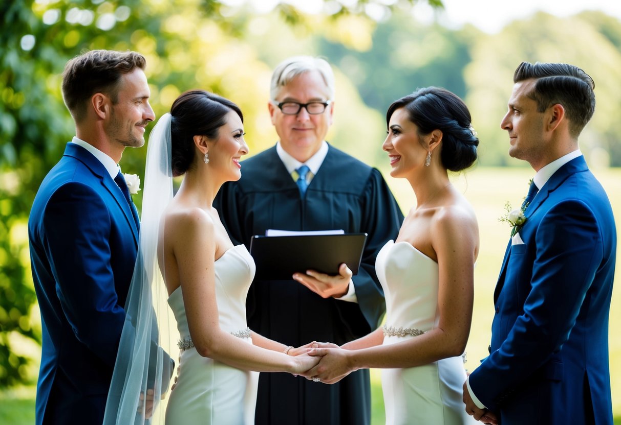 The bride and groom stand side by side, facing an officiant. The officiant holds a document, ready to announce the roles and honors in the wedding