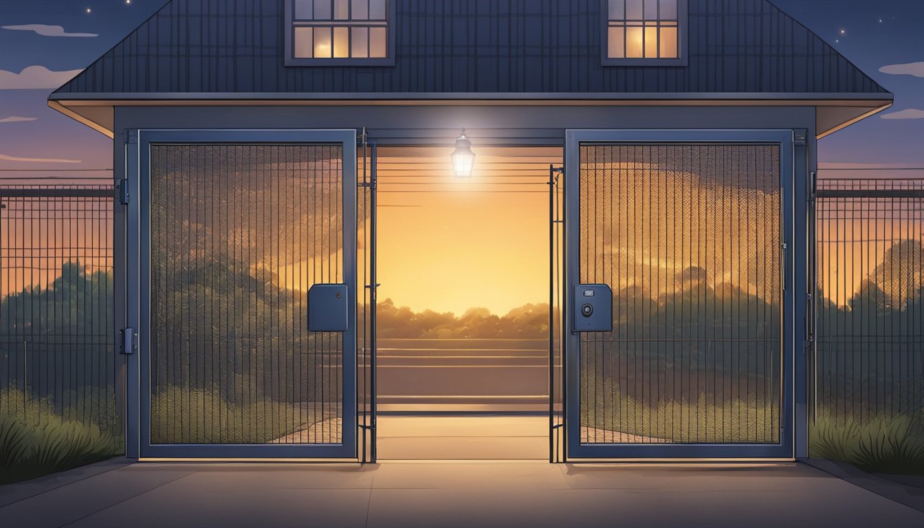 An automatic coop door closes securely at dusk, surrounded by fencing, locks, and motion-activated lights