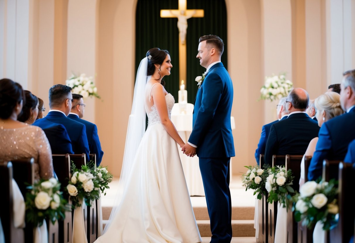 The bride and groom stand facing each other at the altar, ready to exchange vows
