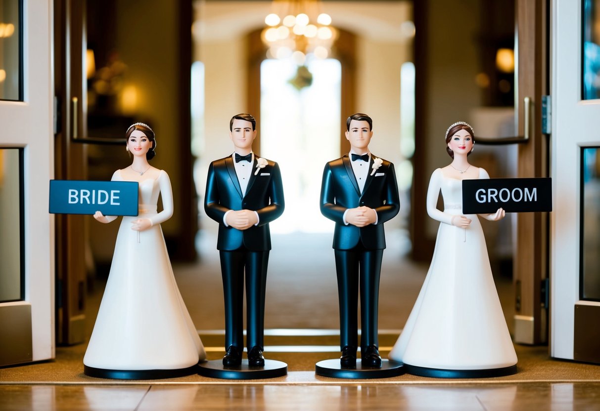 A bride and groom figurines stand at the entrance of a wedding venue, each holding a sign indicating "Bride" and "Groom" to indicate who goes first