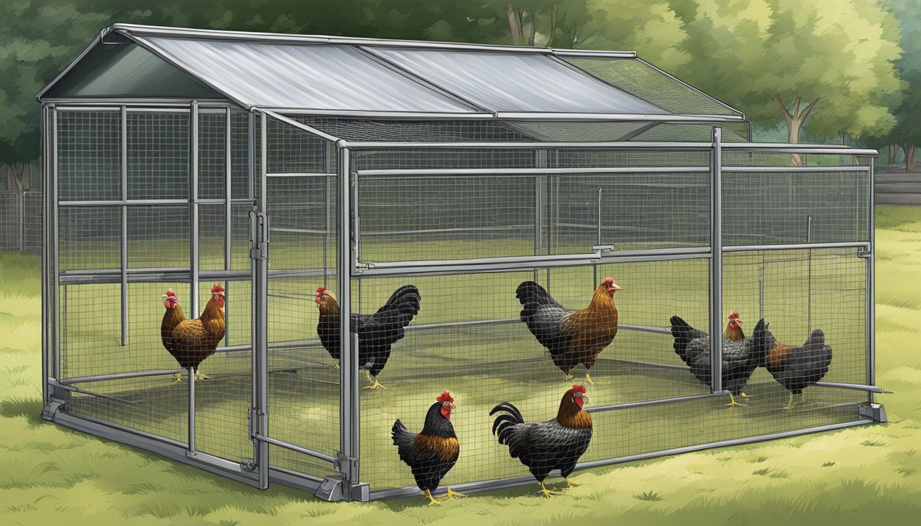 Chickens roam safely inside mobile tractor pens, protected from prowling urban wildlife by sturdy wire mesh and a secure latch