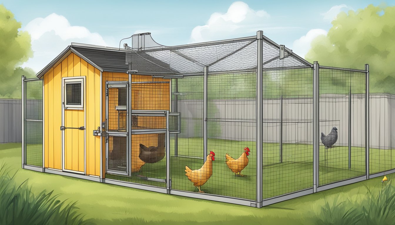 A small, enclosed chicken coop surrounded by tall fencing and topped with wire mesh. Nearby, a motion-activated sprinkler system and strategically placed predator-proof barriers