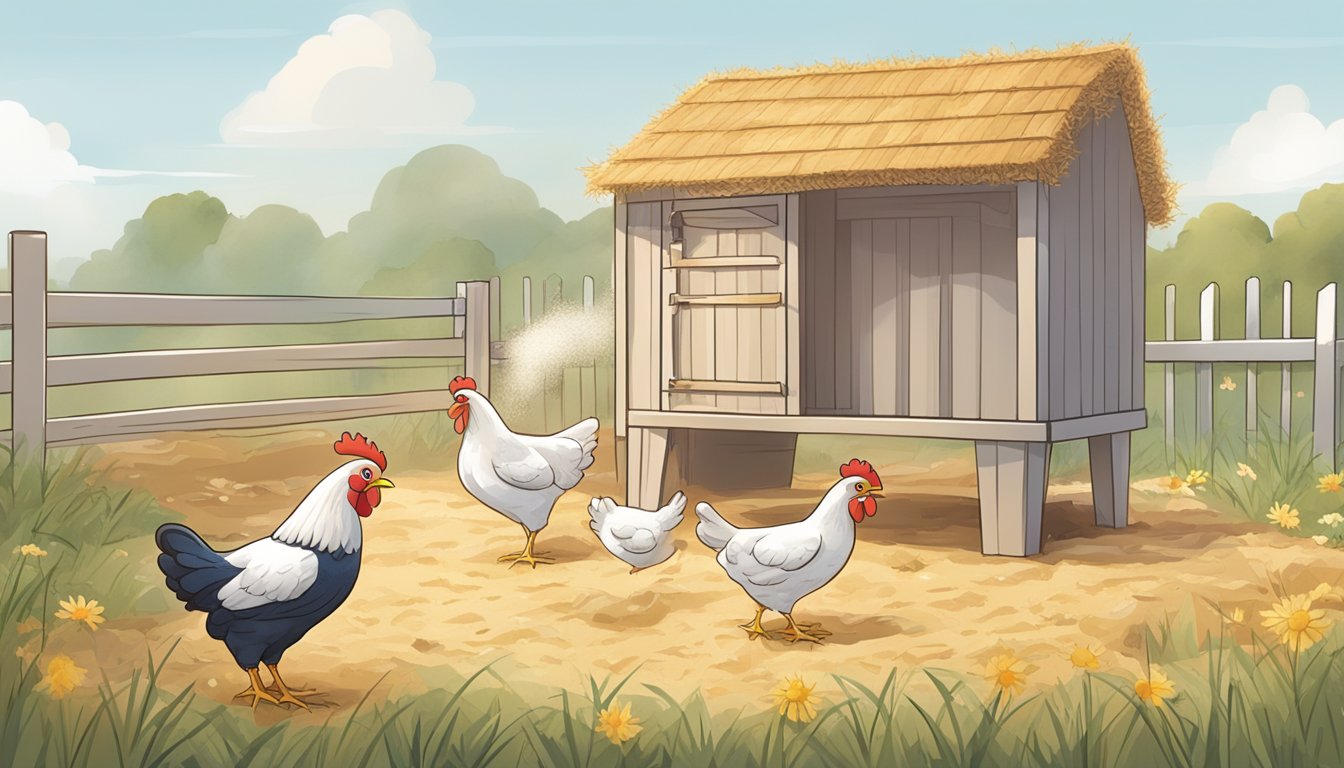 A clean chicken coop with fresh straw, open windows, and a tidy feeding area. A person scoops out soiled bedding while another sprinkles natural odor-reducing powder